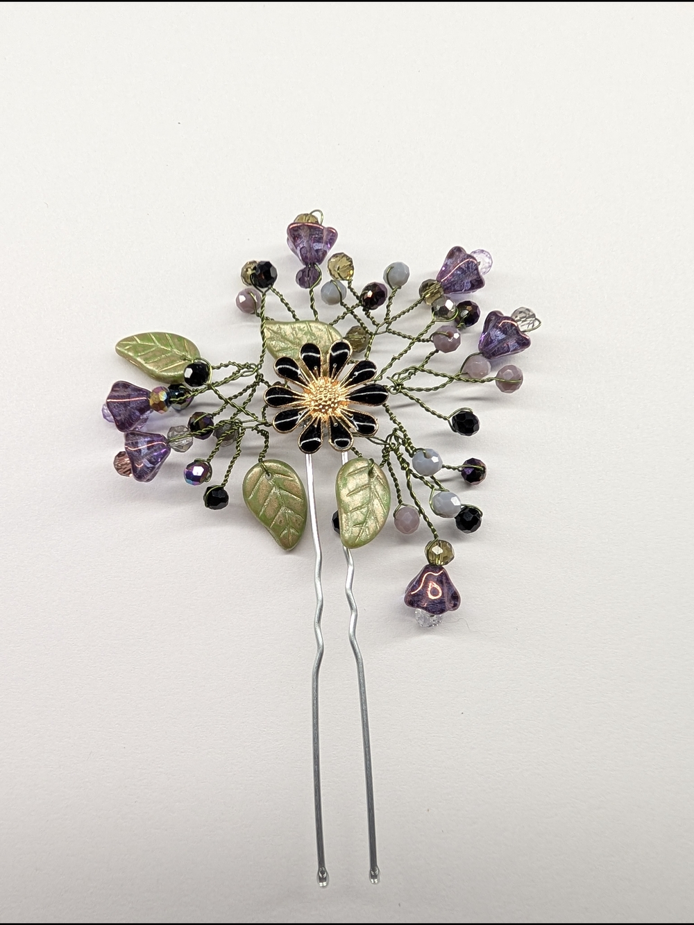 Midnight Bloom Hair Pin with Purple Buds and Green Leaves